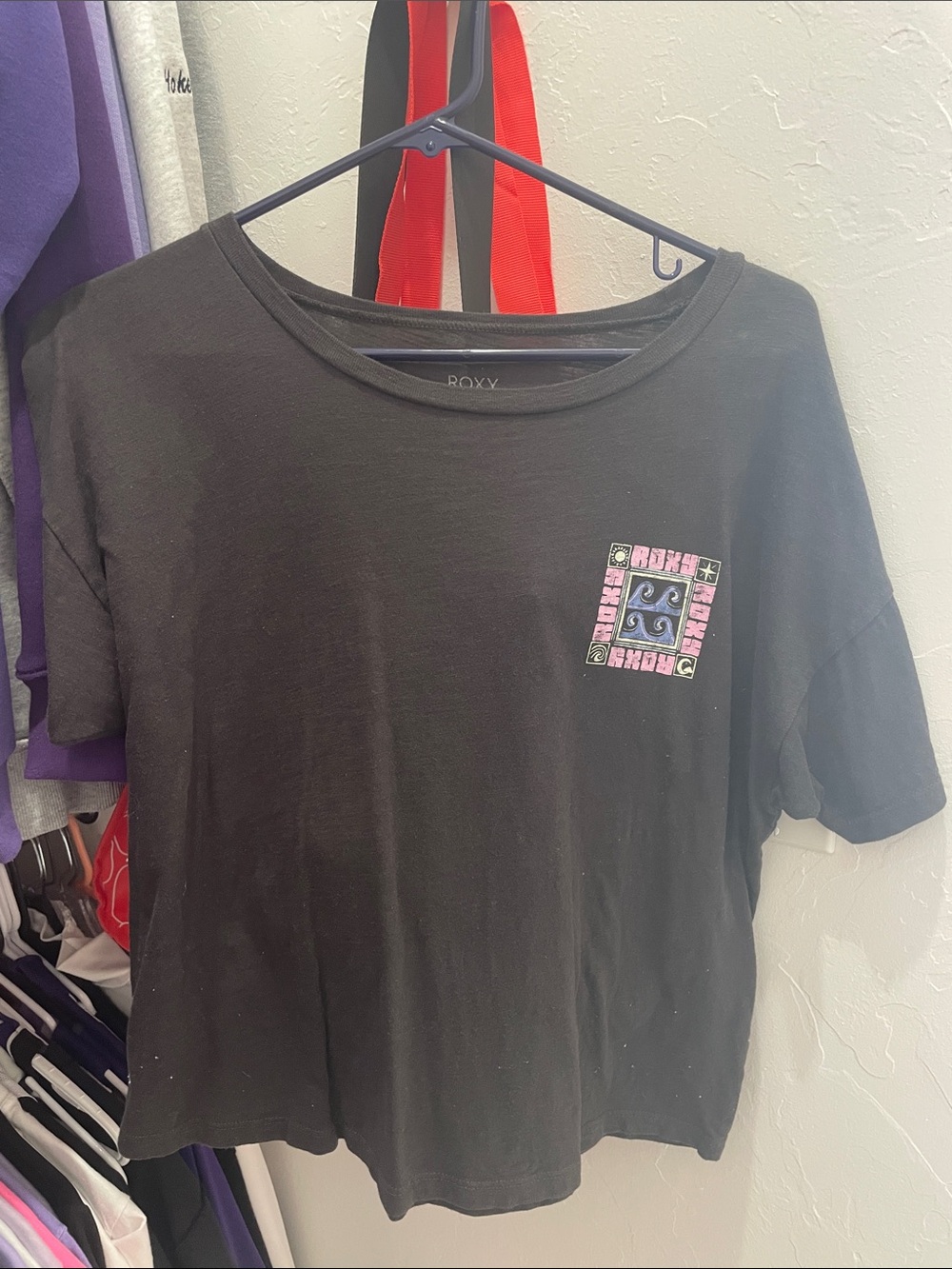 Roxy Black Tee with Pink & Blue Square Chest Graphic